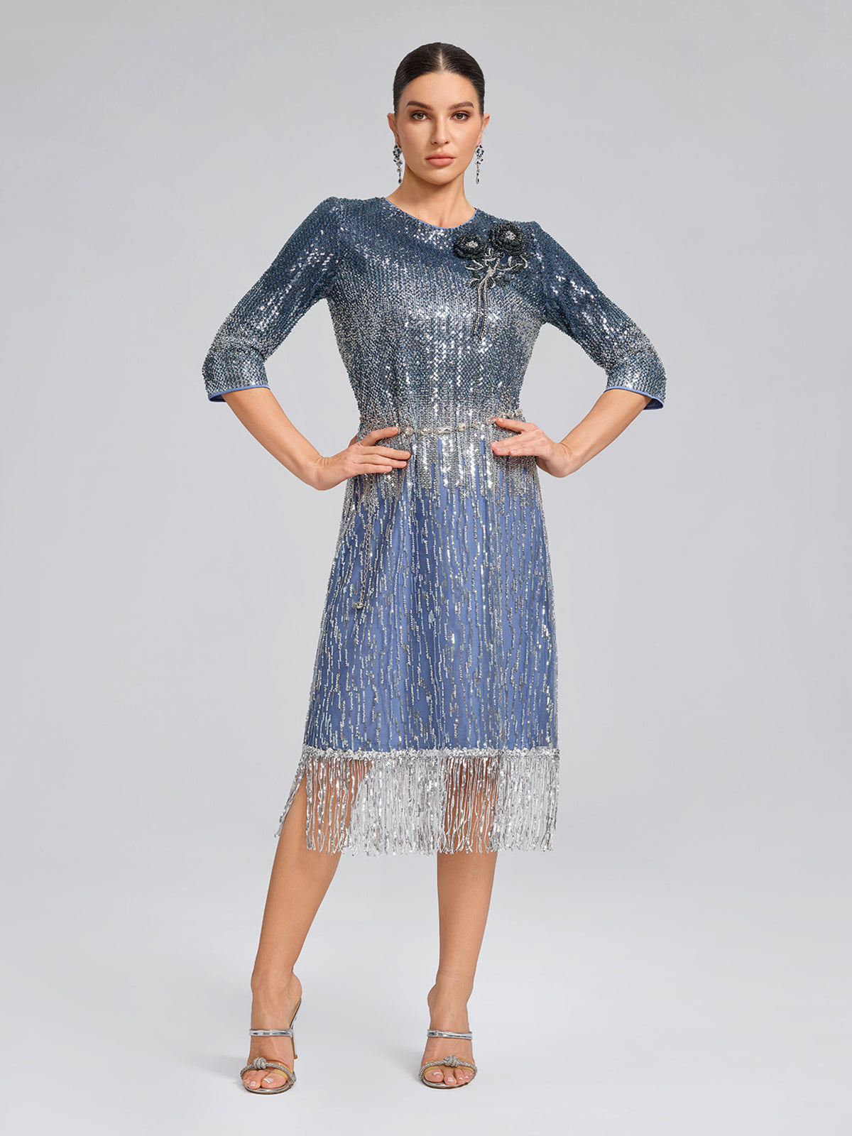 Fringe Gradient Sequin 3D Floral Dress