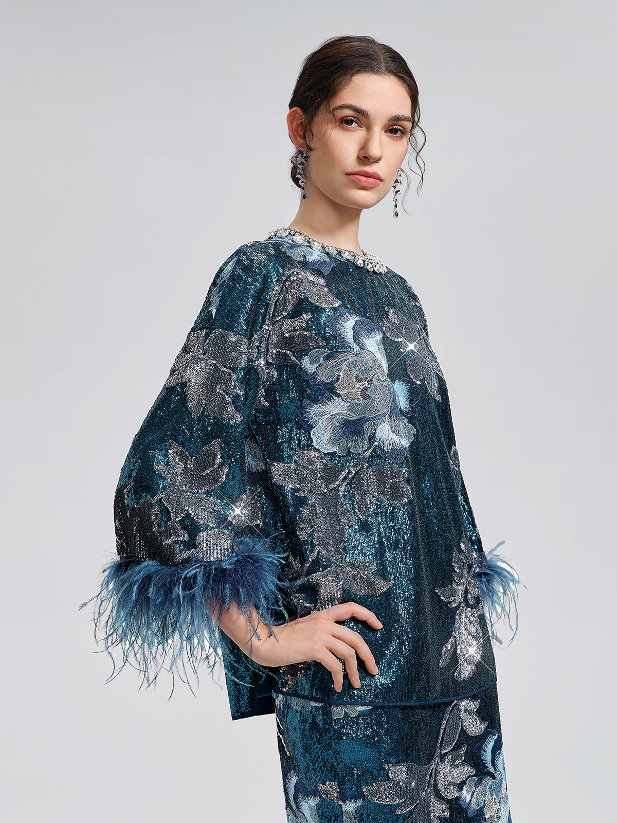 Sequin Embroidered Feather-Trim Top