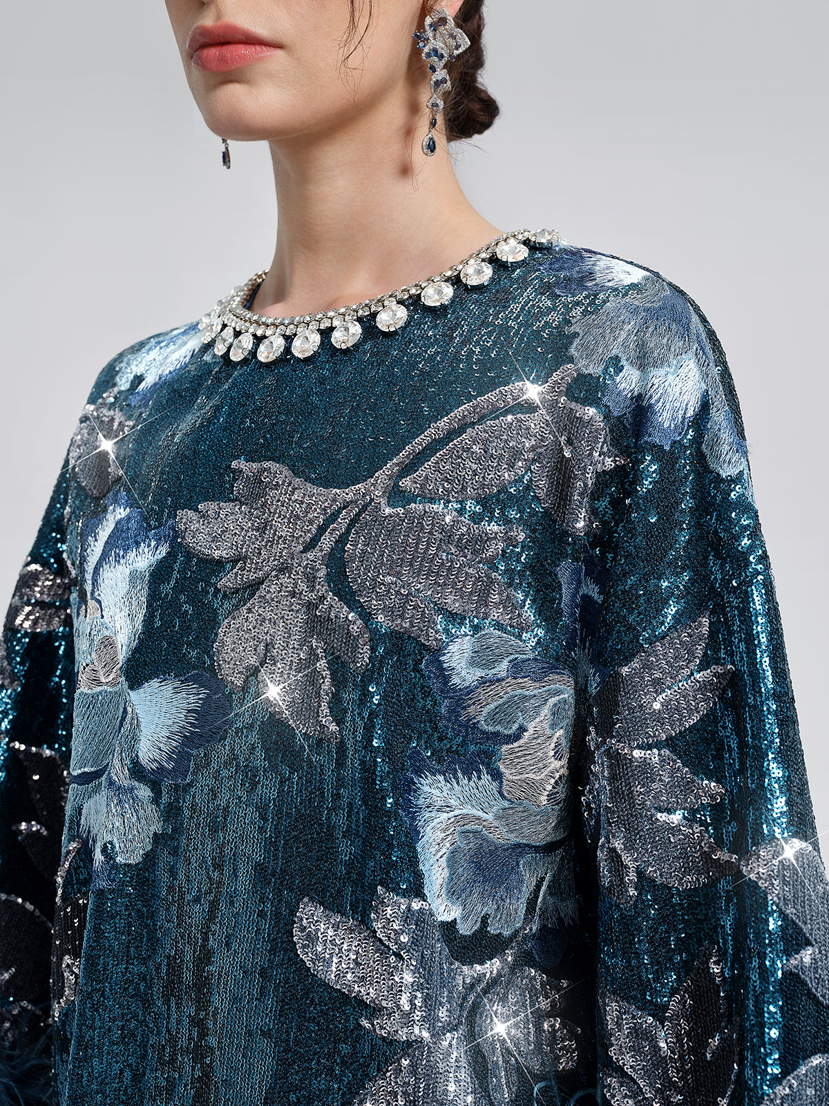 Sequin Embroidered Feather-Trim Top