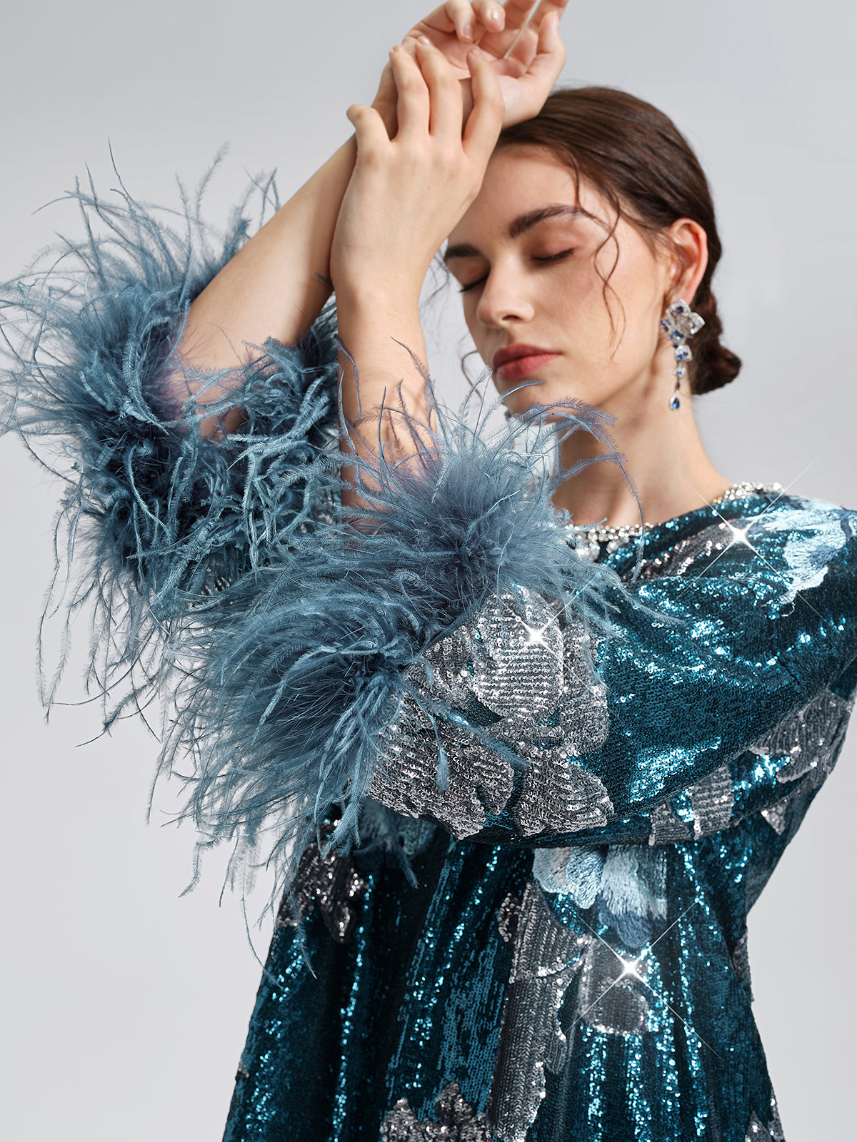 Sequin Embroidered Feather-Trim Top