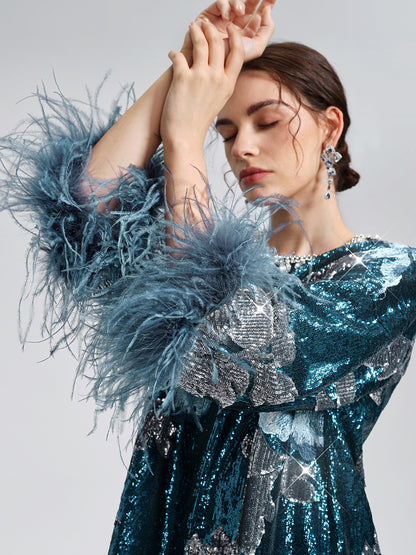 Sequin Embroidered Feather-Trim Top