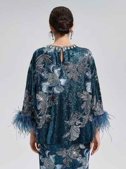 Sequin Embroidered Feather-Trim Top