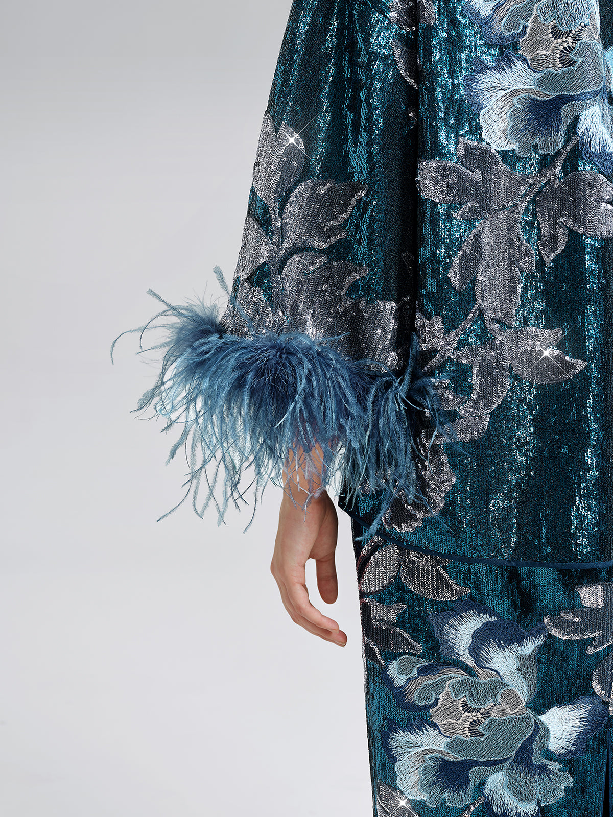 Sequin Embroidered Feather-Trim Top