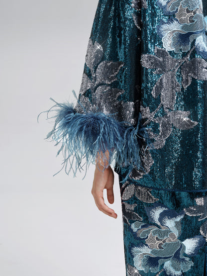 Sequin Embroidered Feather-Trim Top