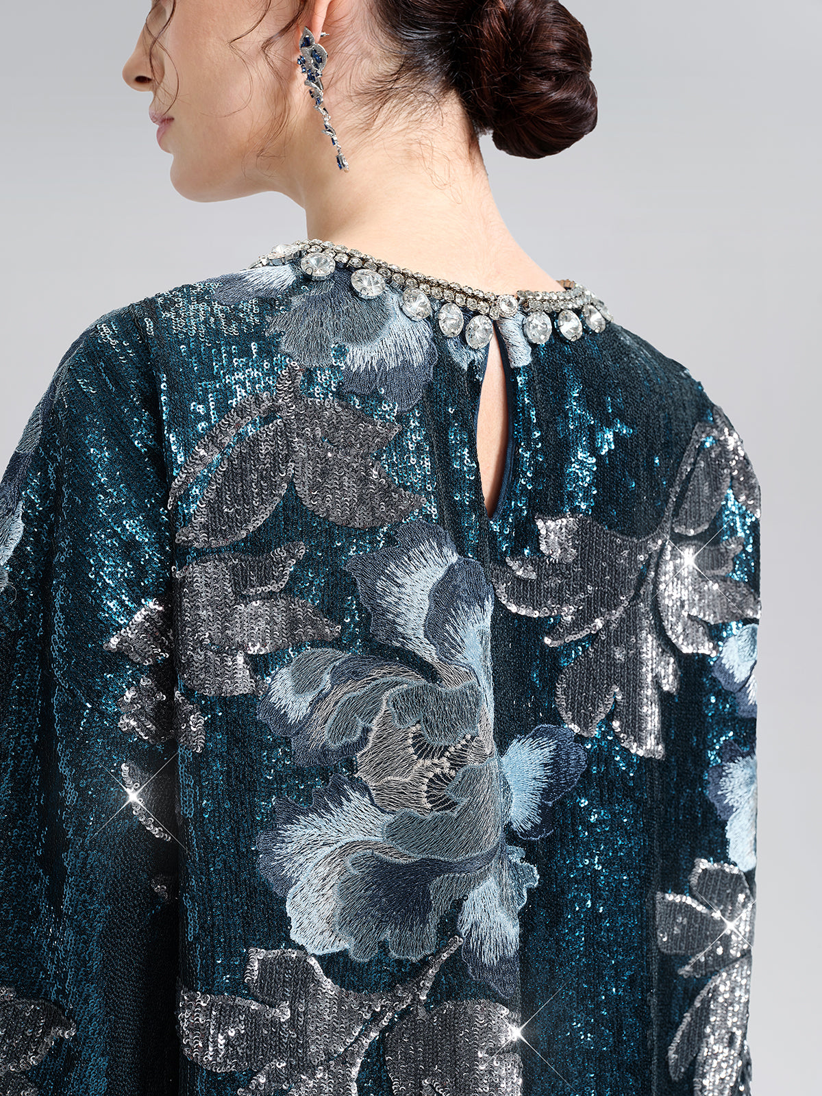 Sequin Embroidered Feather-Trim Top