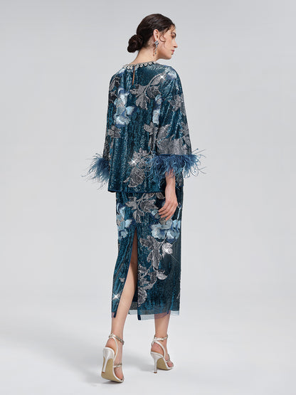 Sequin Embroidered Feather-Trim Top