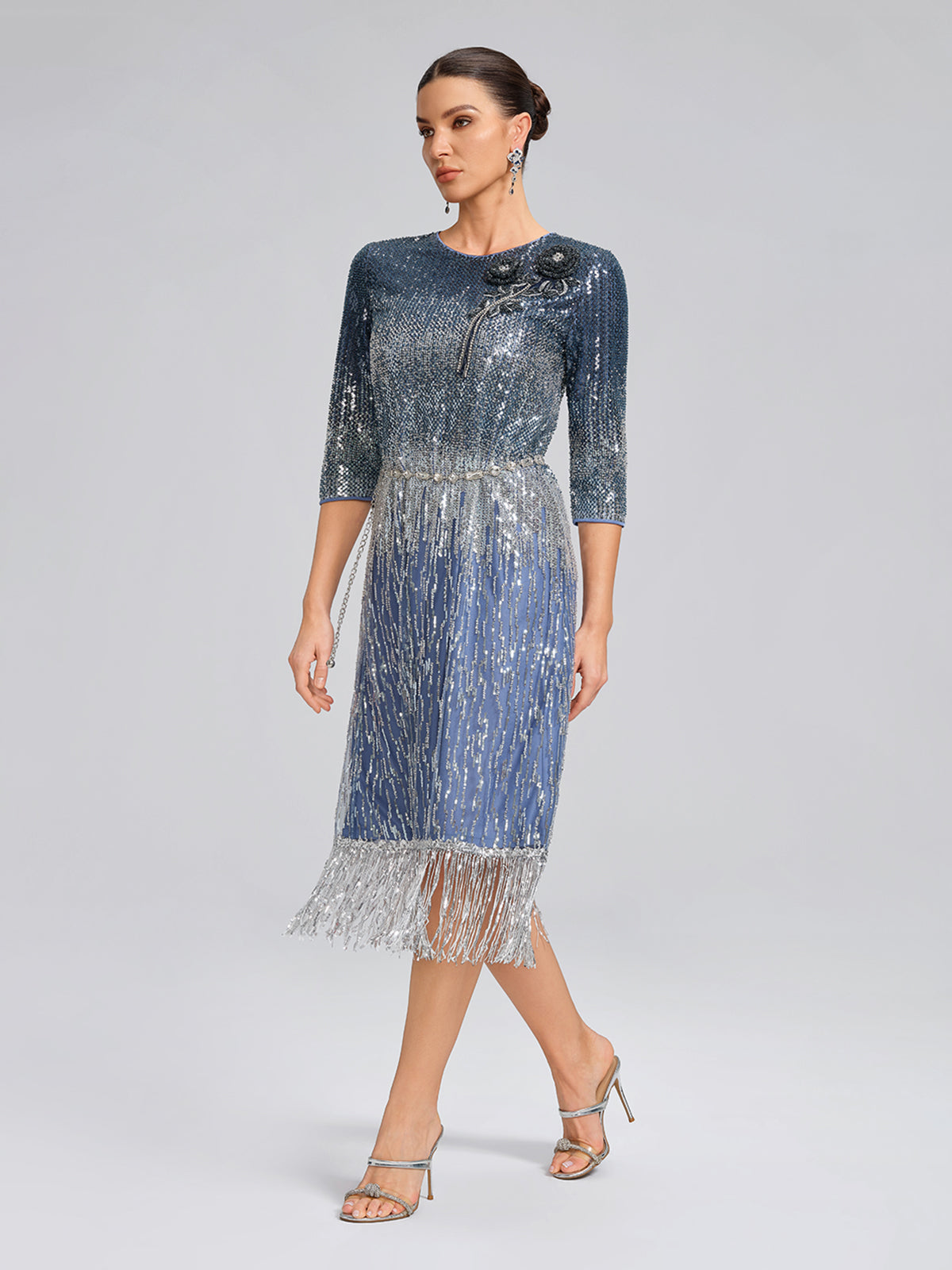 Fringe Gradient Sequin 3D Floral Dress