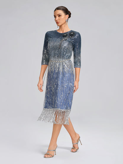 Fringe Gradient Sequin 3D Floral Dress