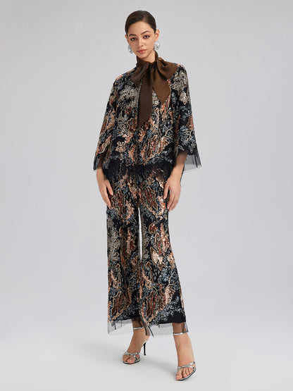 Sequin Vine Embroidered Straight Pants