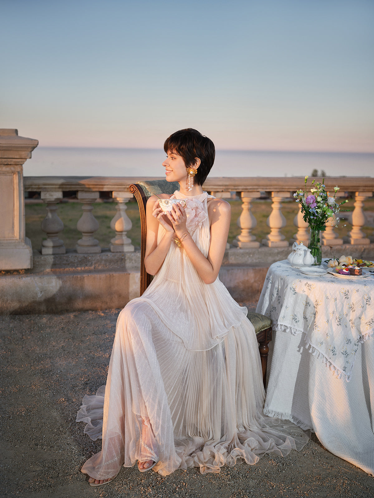 Hand-Braided Off-Shoulder Cutout Pleated Dress (Detachable Floral Included)