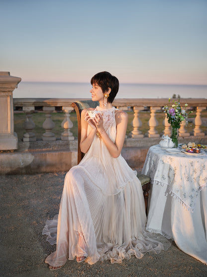 Hand-Braided Off-Shoulder Cutout Pleated Dress (Detachable Floral Included)