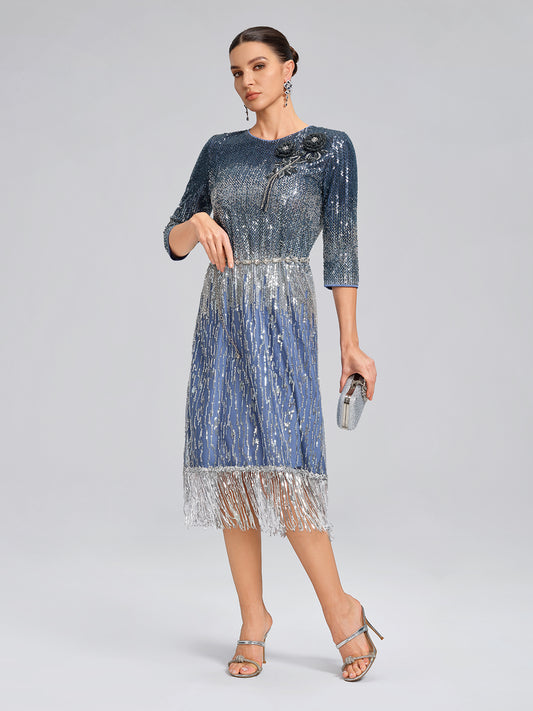 Fringe Gradient Sequin 3D Floral Dress