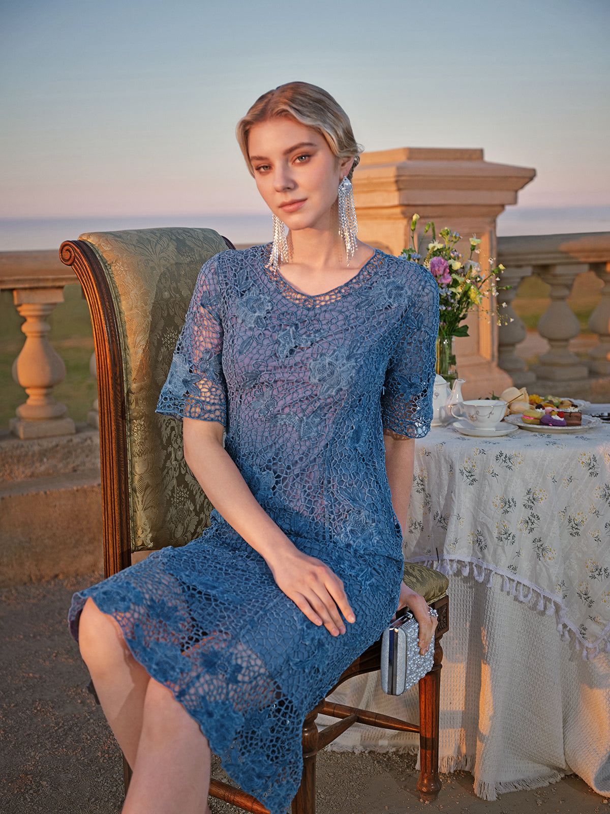 Cutout Lace 3D Floral Short-Sleeve Dress