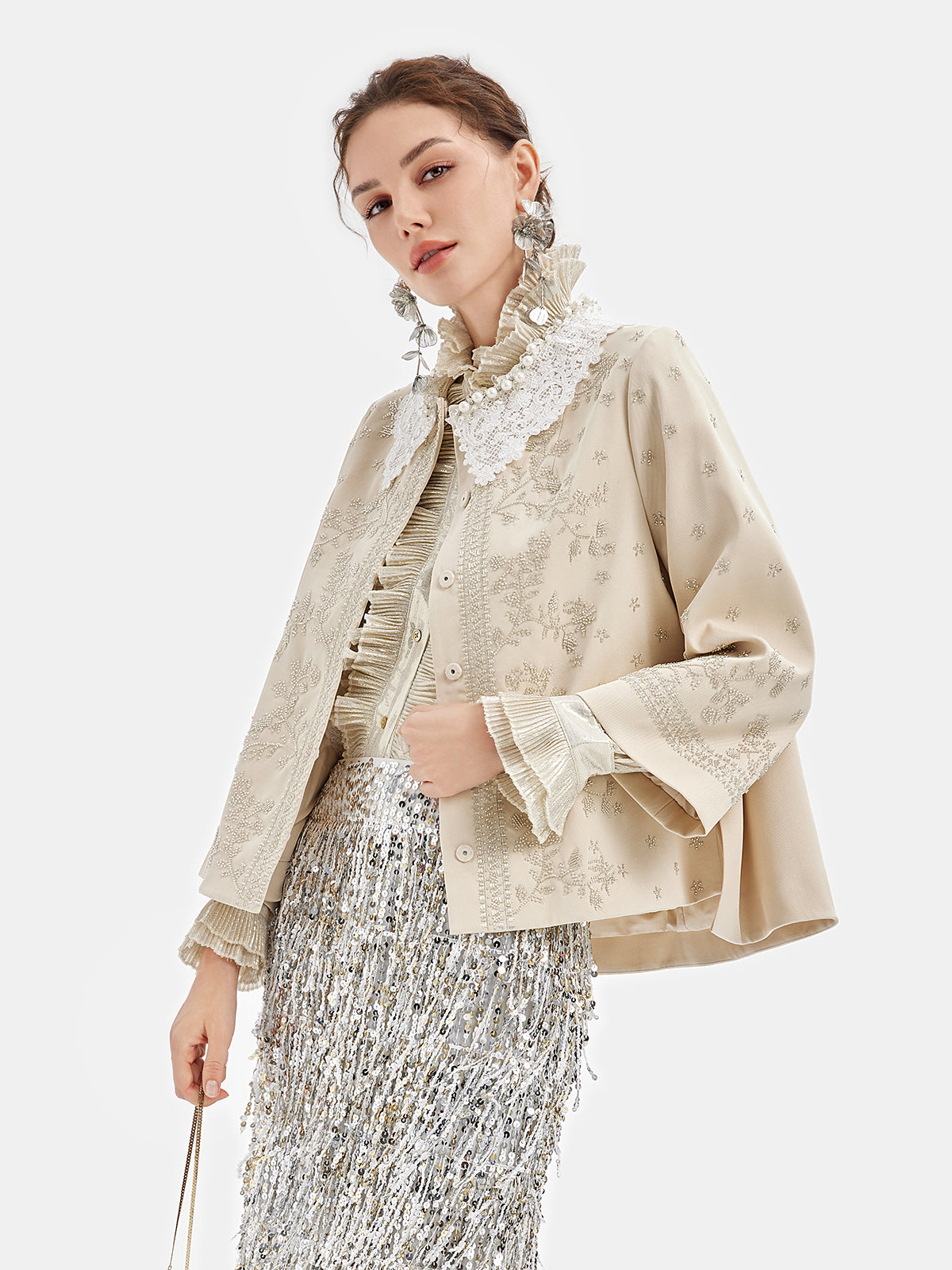 Silk Beaded Lace Collar Cardigan