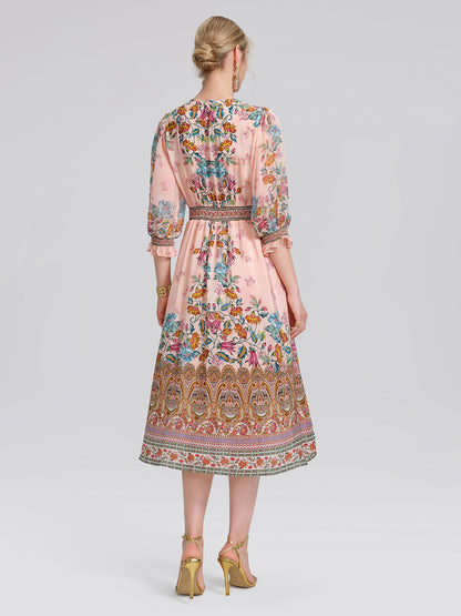 Silk Paisley Print V-Neck Dress