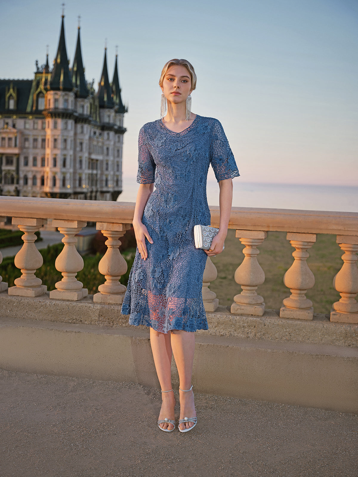 Cutout Lace 3D Floral Short-Sleeve Dress