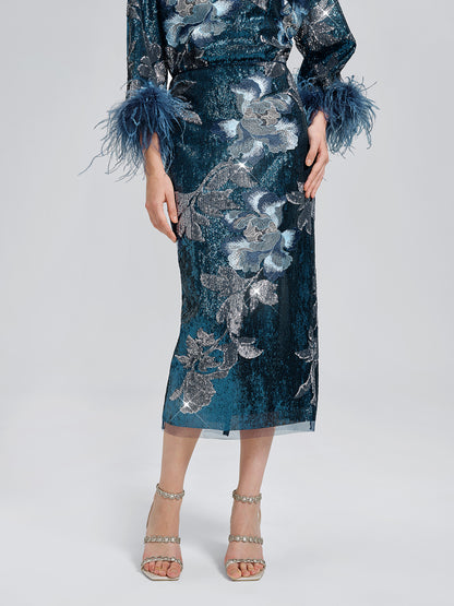 Sequin Embroidered Floral Skirt