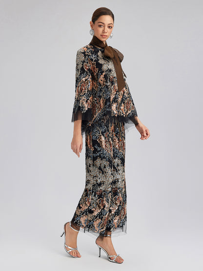 Sequin Vine Embroidered Tie-Neck Jacket