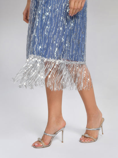 Fringe Gradient Sequin 3D Floral Dress