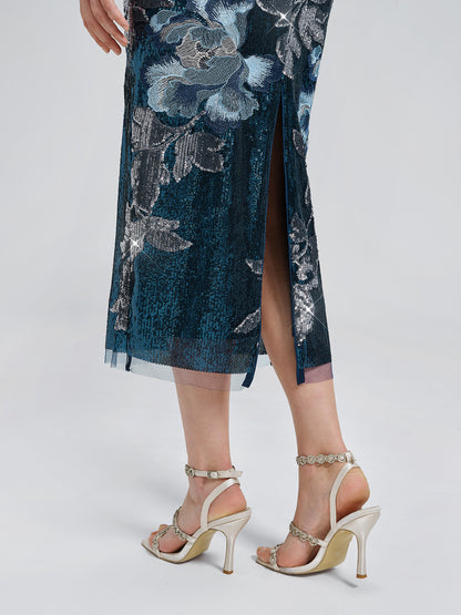 Sequin Embroidered Floral Skirt