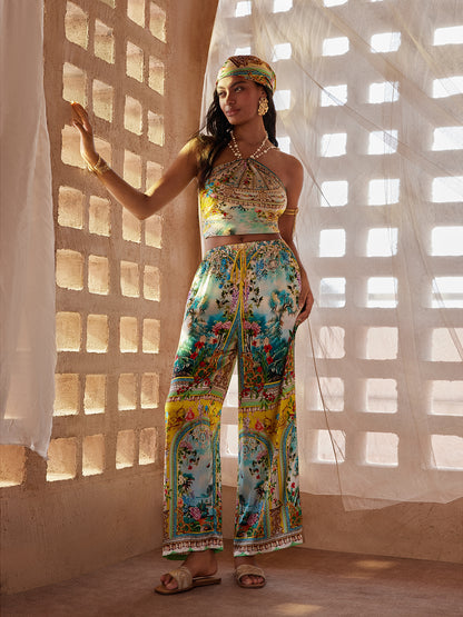 100% Silk Manor Print Halter Scarf (Necklace not included)