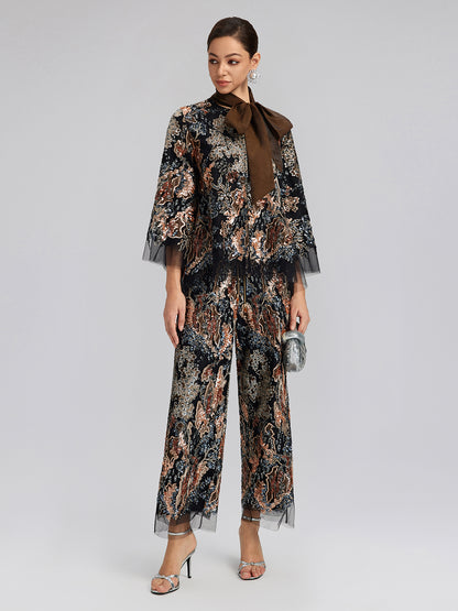 Sequin Vine Embroidered Tie-Neck Jacket