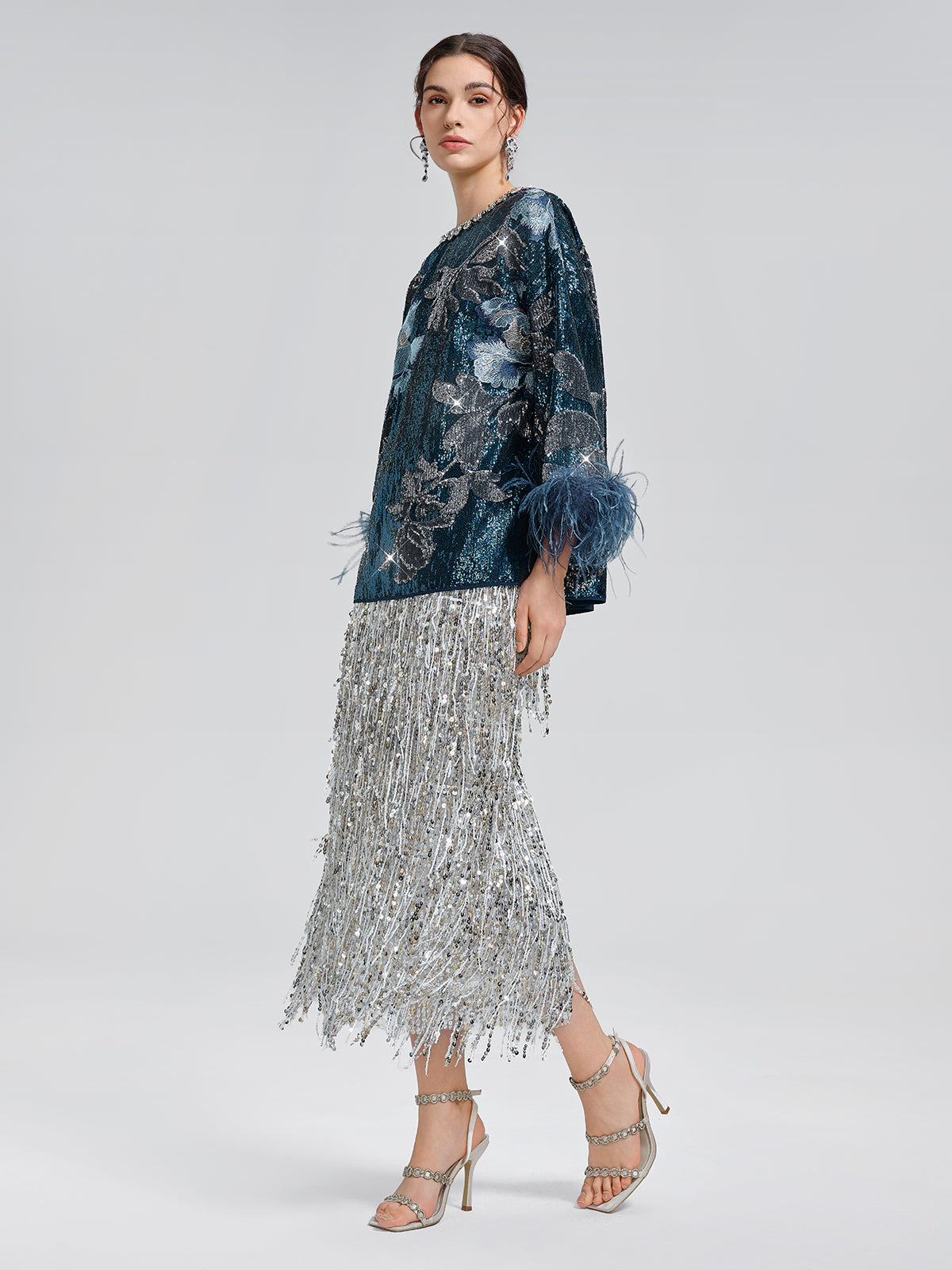 Sequin Embroidered Feather-Trim Top