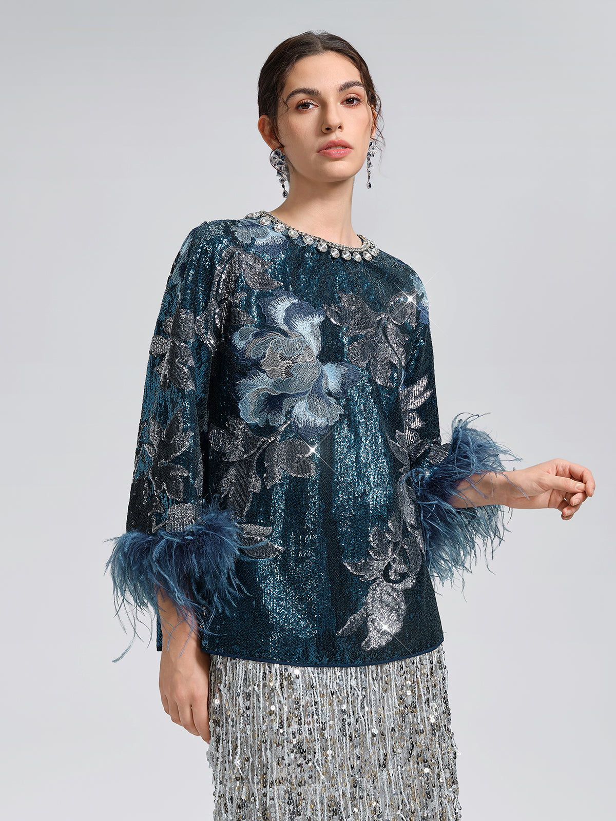 Sequin Embroidered Feather-Trim Top