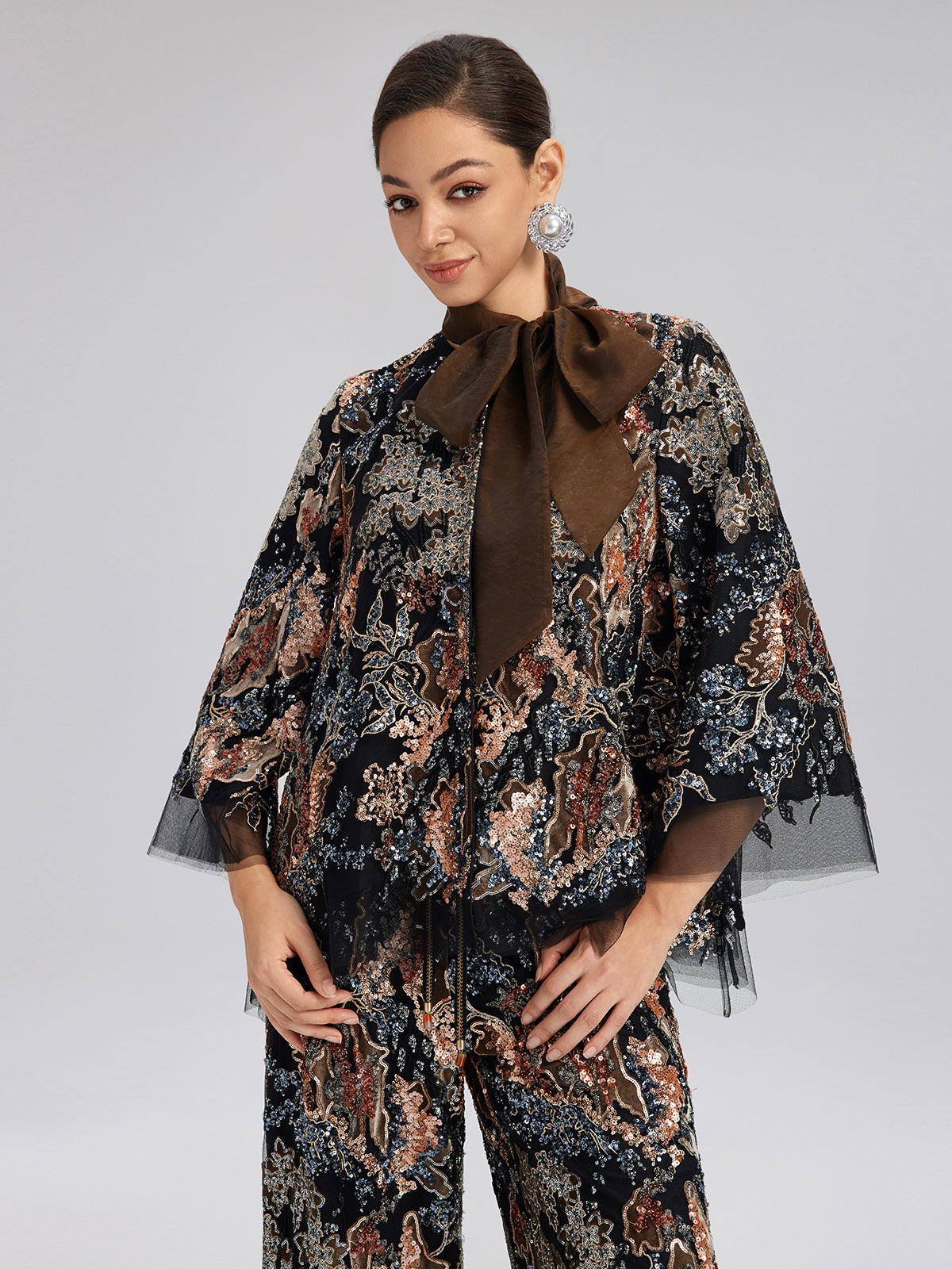 Sequin Vine Embroidered Tie-Neck Jacket