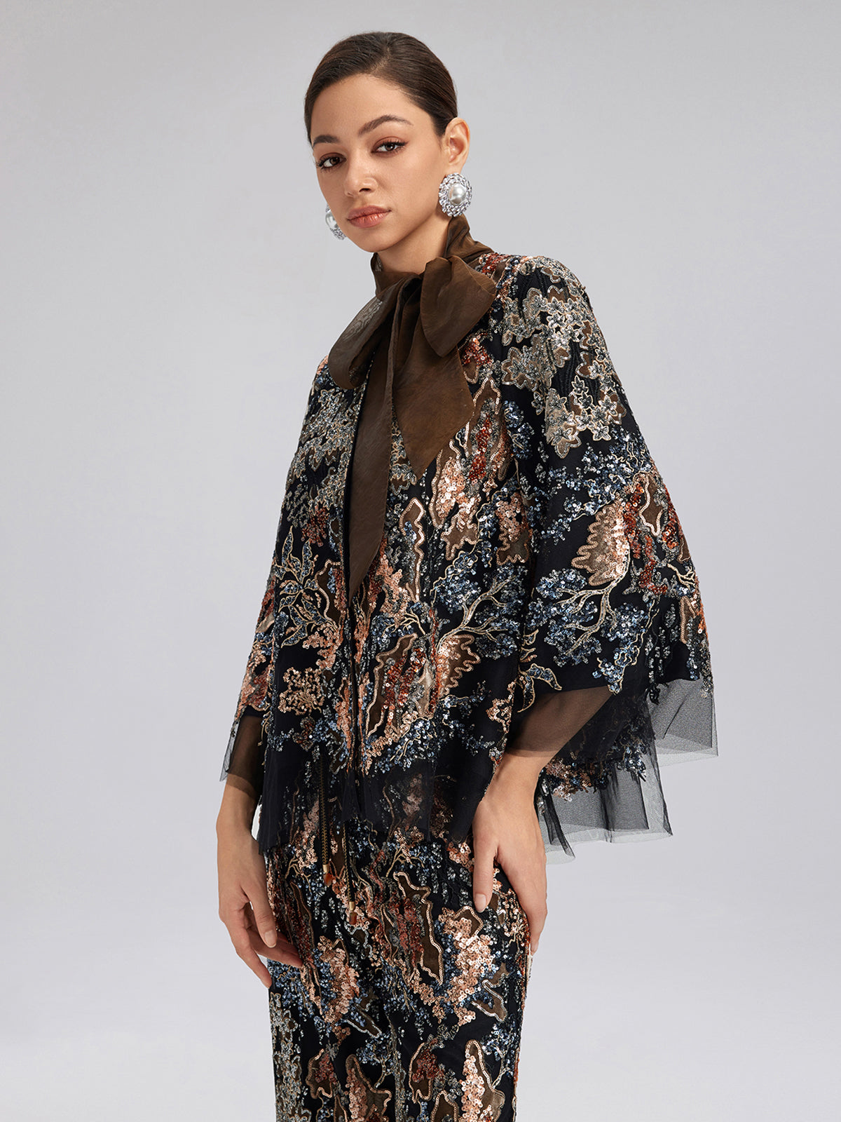 Sequin Vine Embroidered Tie-Neck Jacket