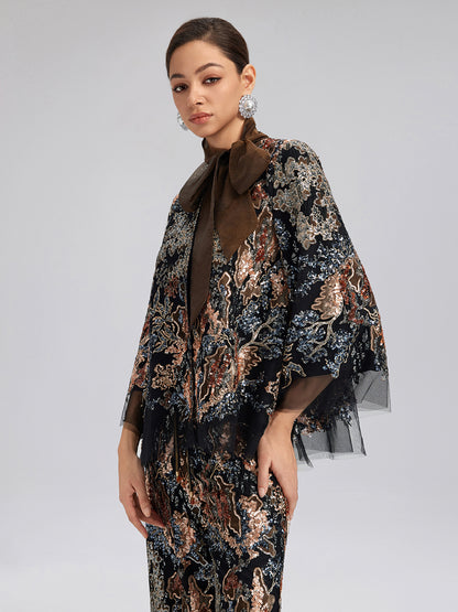 Sequin Vine Embroidered Tie-Neck Jacket