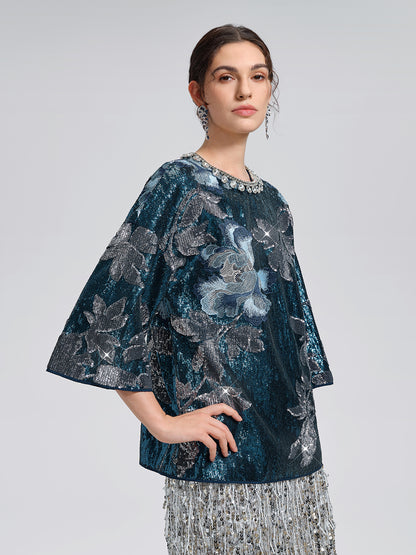 Sequin Embroidered Feather-Trim Top