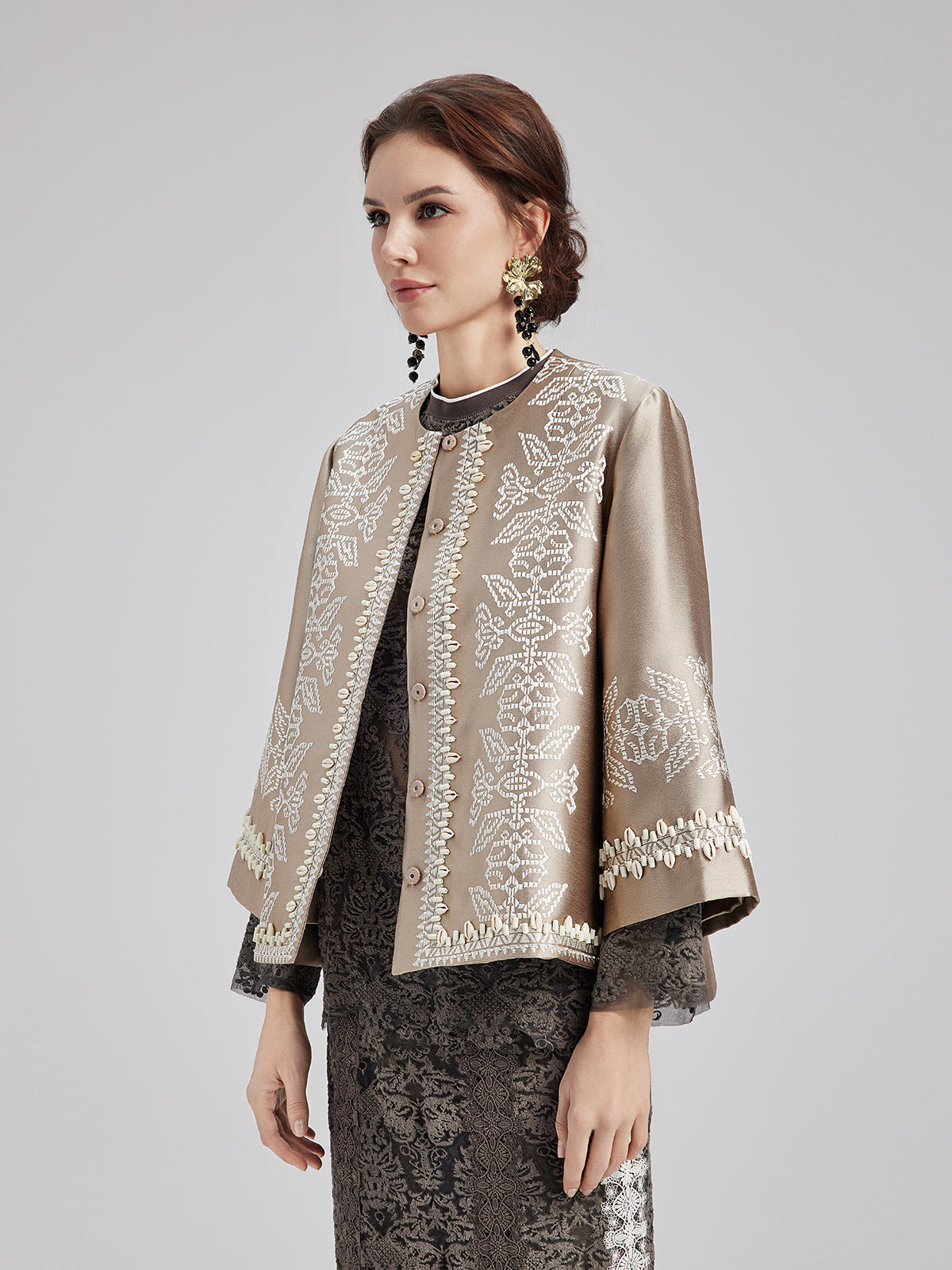 Embroidered Beaded Shell Cape Coat