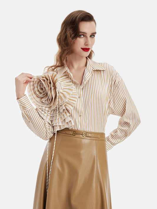 Artistic Pleated Floral Stripe Shirt