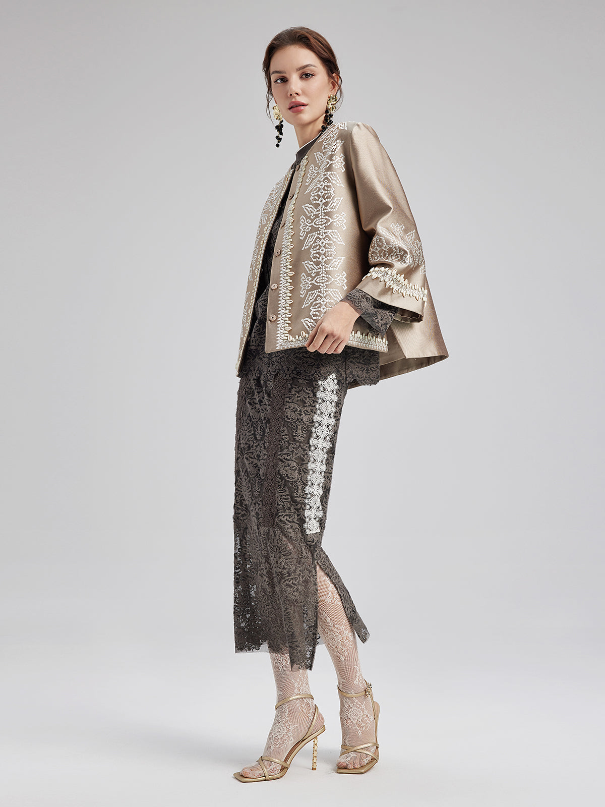 Embroidered Beaded Shell Cape Coat