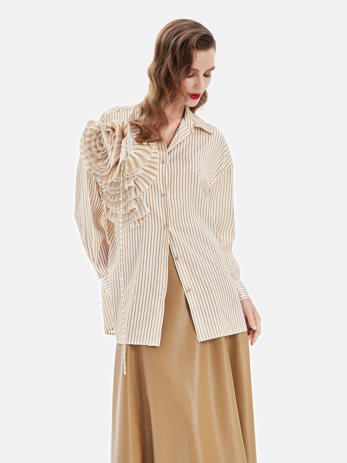 Artistic Pleated Floral Stripe Shirt