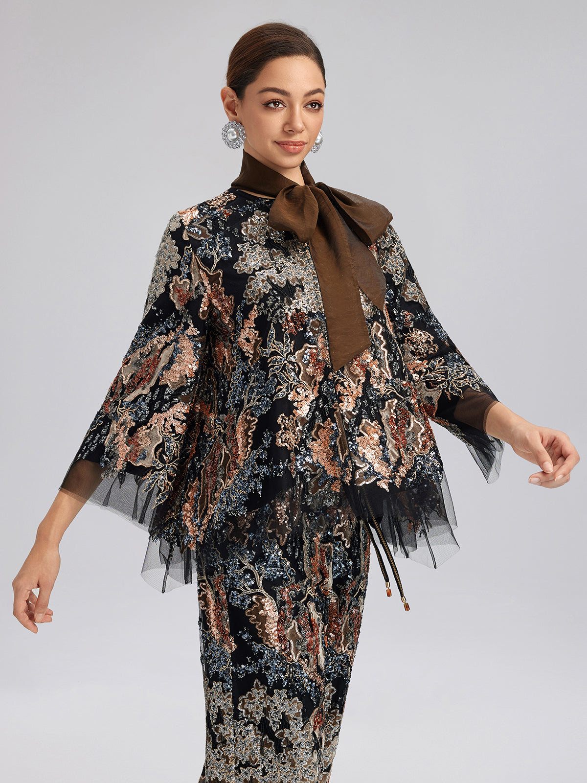 Sequin Vine Embroidered Tie-Neck Jacket