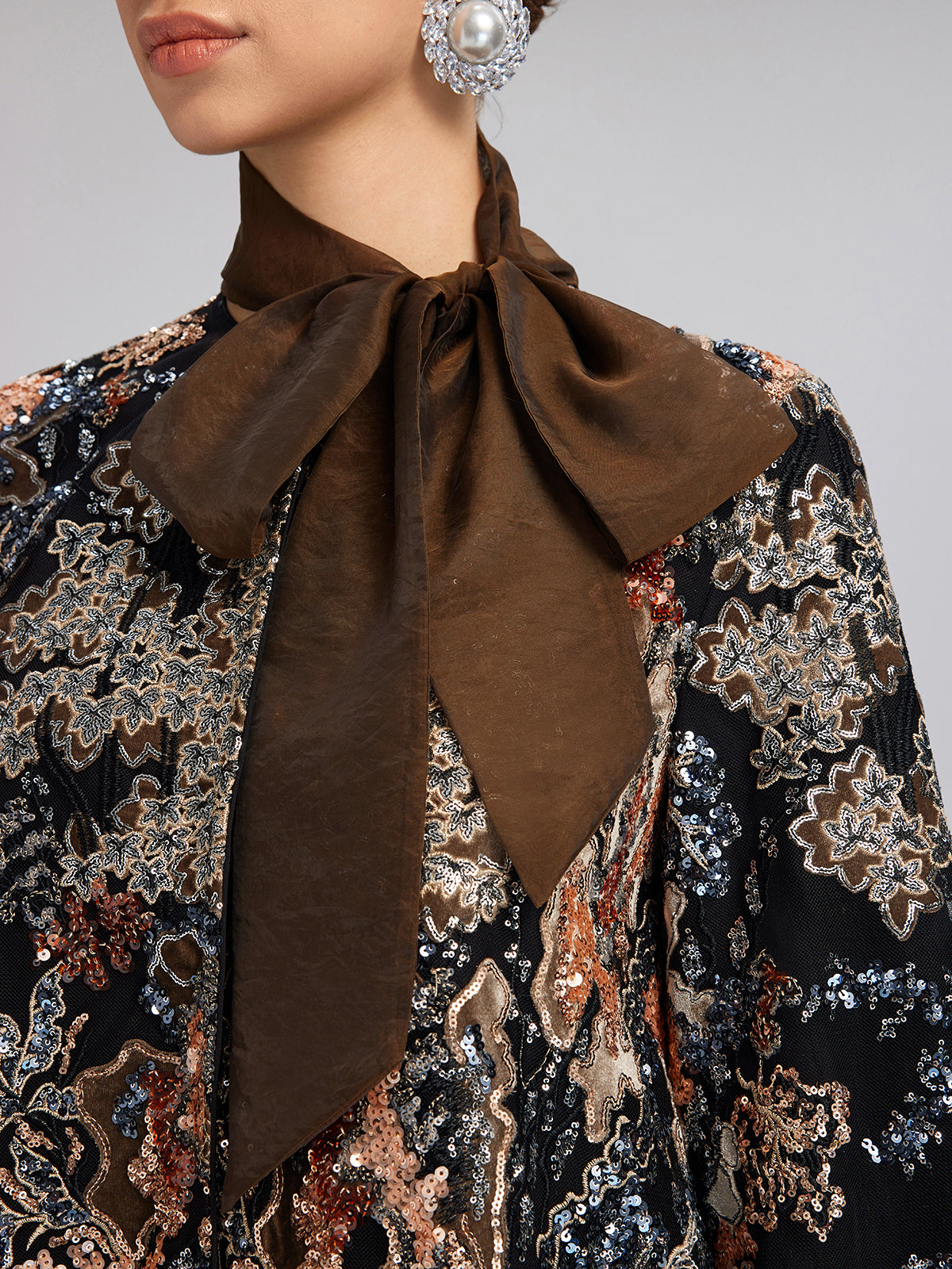 Sequin Vine Embroidered Tie-Neck Jacket