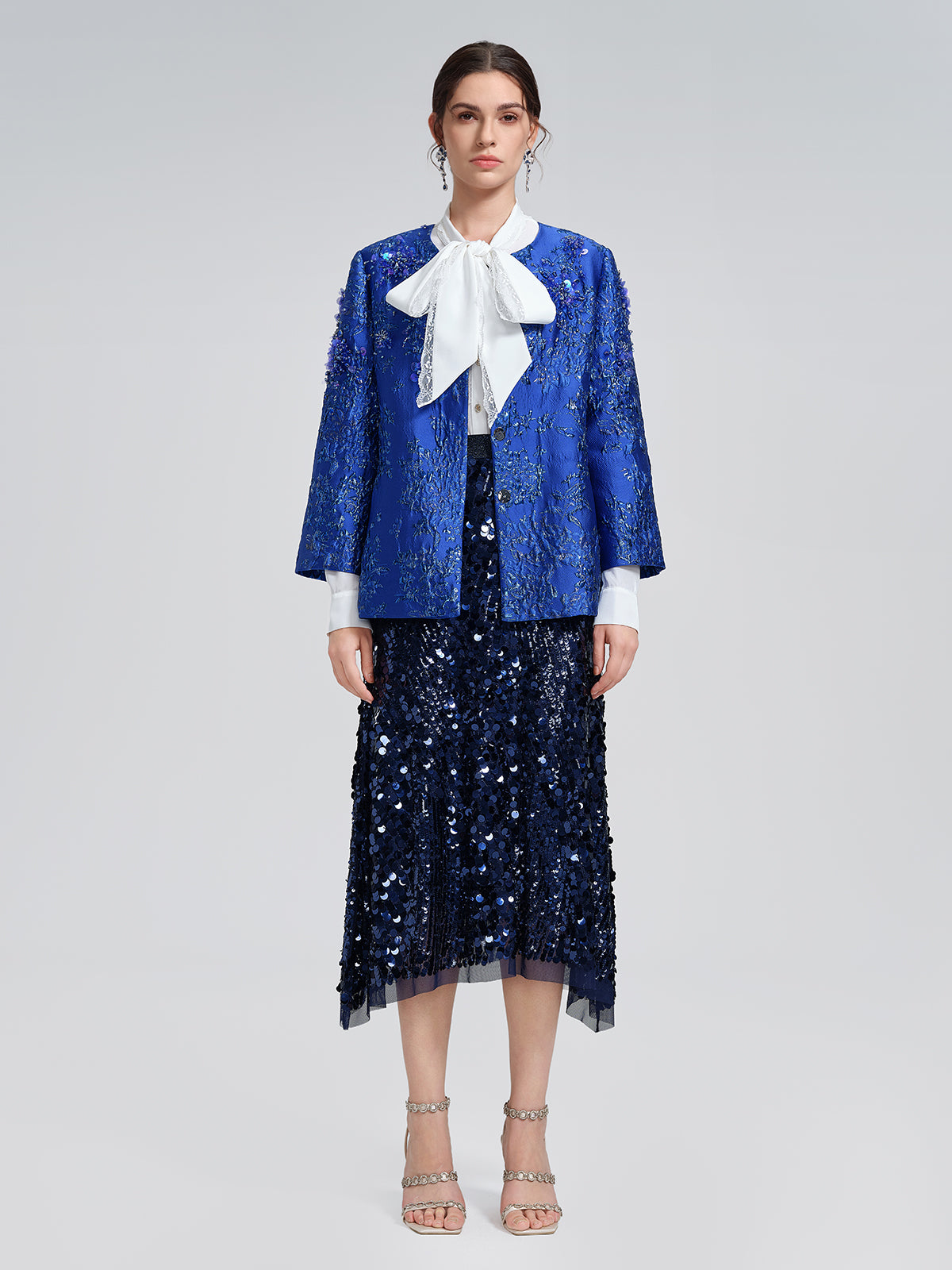 Royal Blue Hand-Beaded Jacquard Jacket