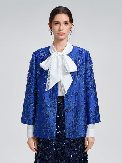 Royal Blue Hand-Beaded Jacquard Jacket