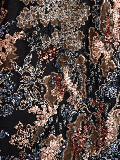 Sequin Vine Embroidered Tie-Neck Jacket