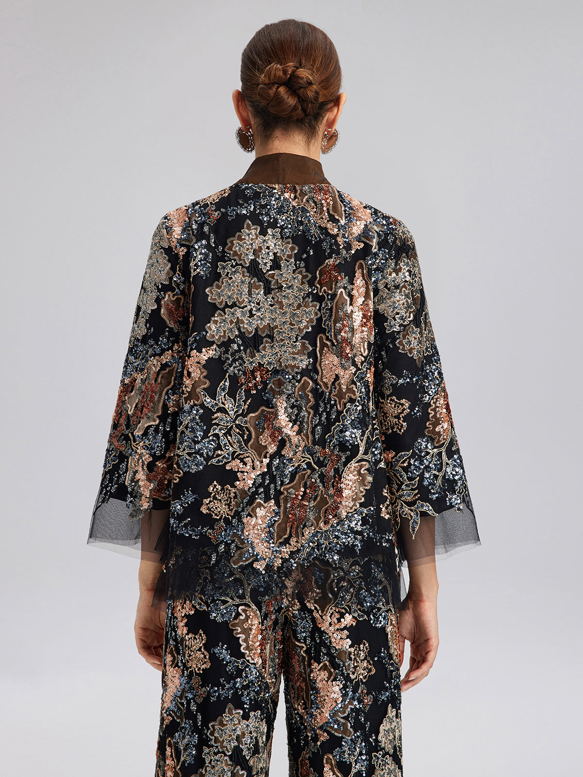 Sequin Vine Embroidered Tie-Neck Jacket