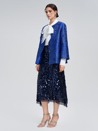 Royal Blue Hand-Beaded Jacquard Jacket