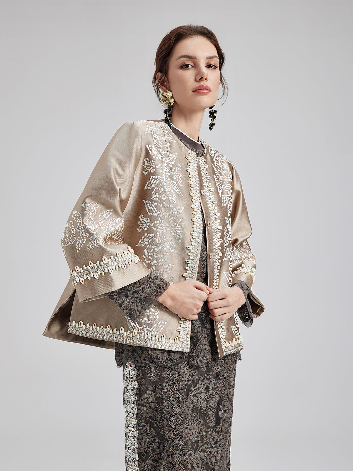 Embroidered Beaded Shell Cape Coat