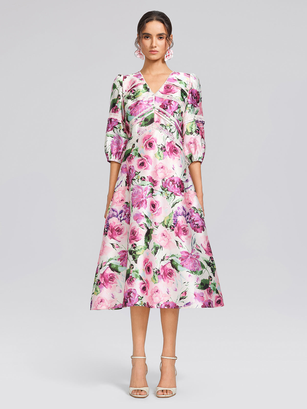 Rose Print Satin Lace Dress