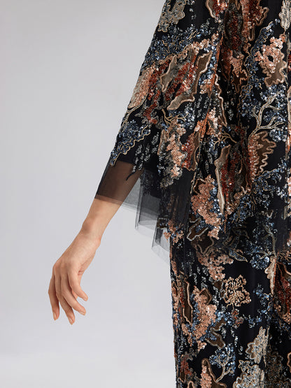 Sequin Vine Embroidered Tie-Neck Jacket