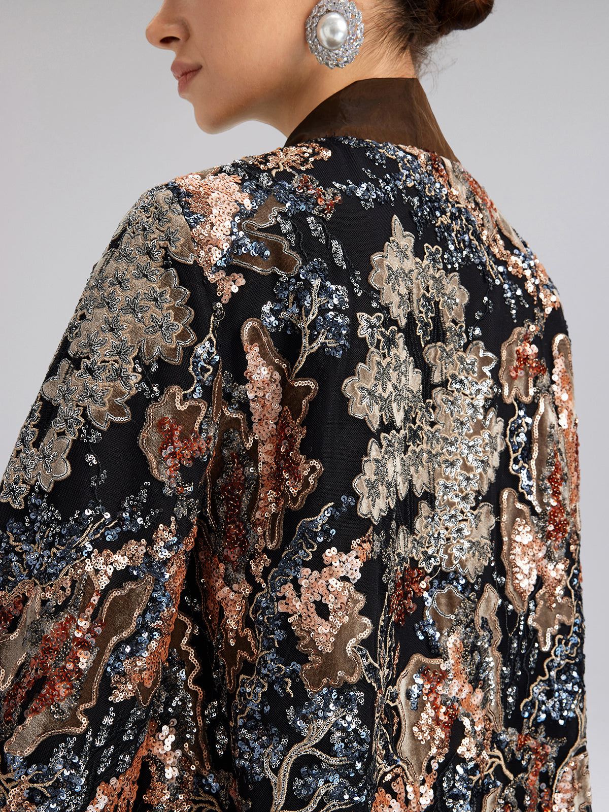 Sequin Vine Embroidered Tie-Neck Jacket