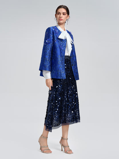 Royal Blue Hand-Beaded Jacquard Jacket