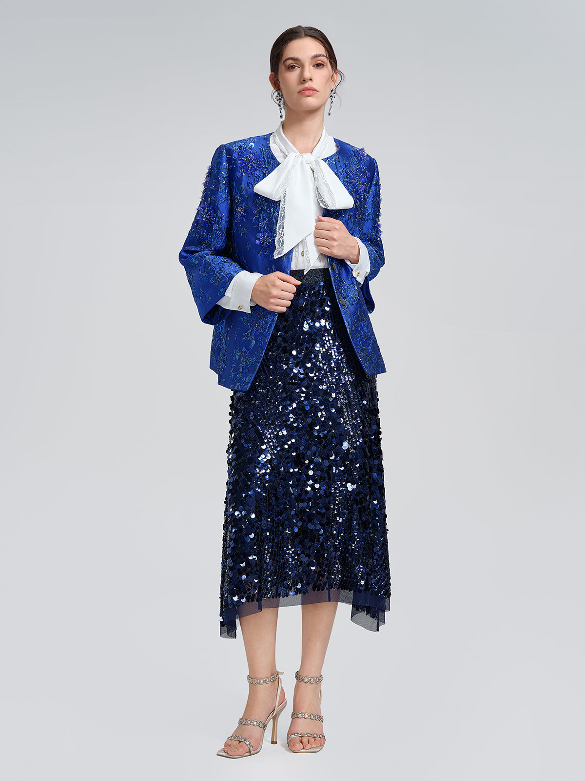 Royal Blue Hand-Beaded Jacquard Jacket