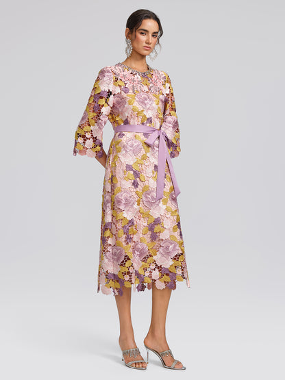 Embroidered Floral Lace Beaded Dress (Waist Tie & Slip Dress Included)